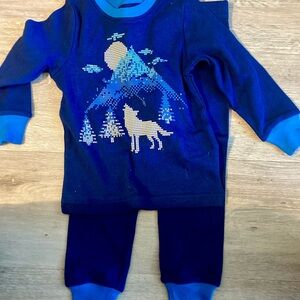 Kids Pjs Pajama Set in Blue with Wolf and Mountain Design